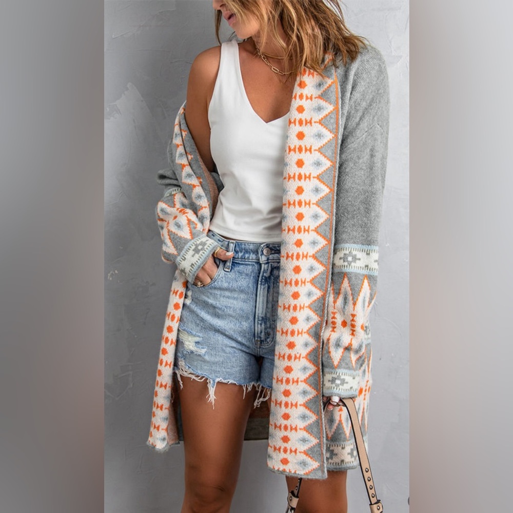 Gray Aztek Print Open Front Knitted Cardigan - image 2